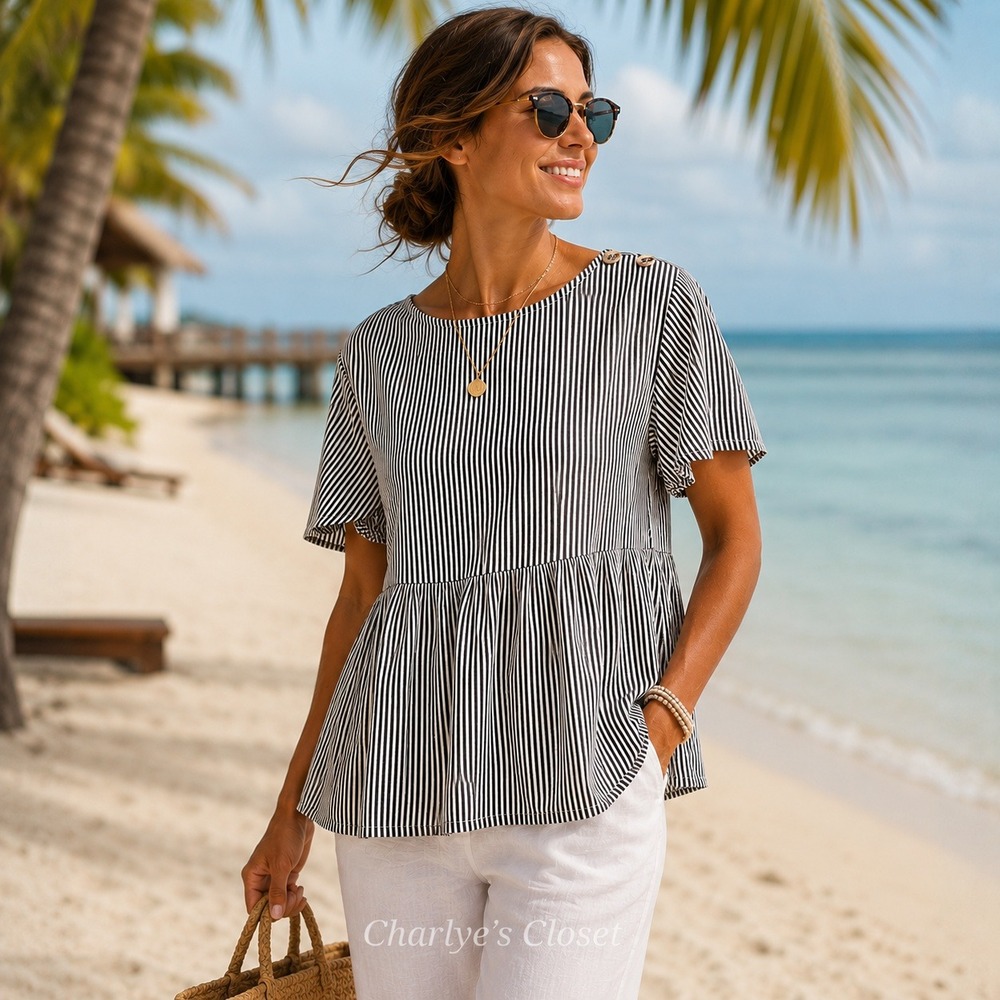 Retrology Pique Striped Peplum Top XL Shoulder Button Coastal Beachy Casual